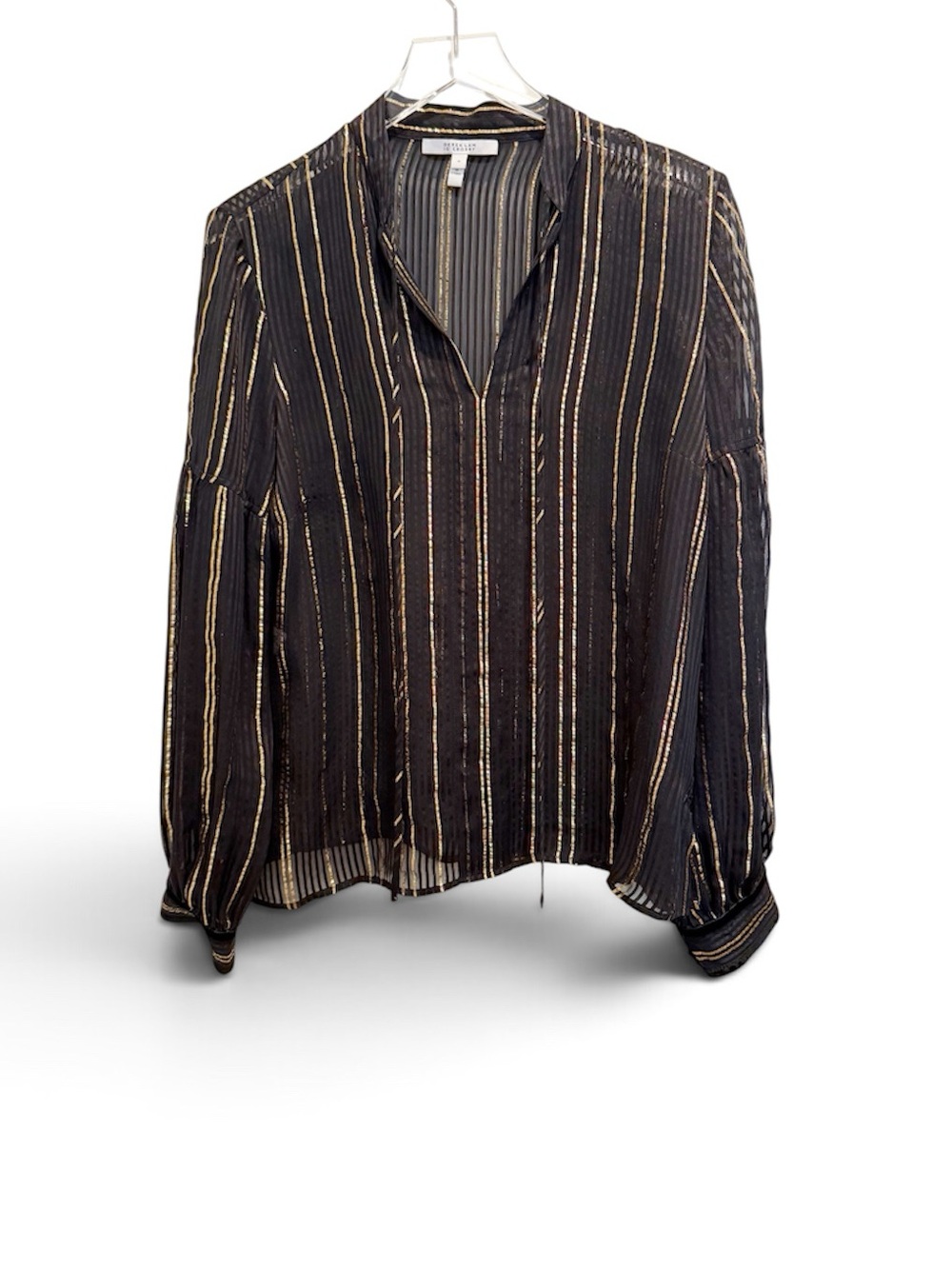 DEREK LAM 10 CROSBY Black and Gold Metallic Lurex Stripe Sheer Blouse size 10